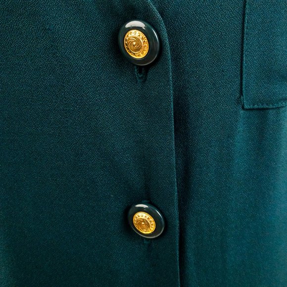 Vintage 80s 10 Button Down V-neck Dress Green - Picture 2 of 8